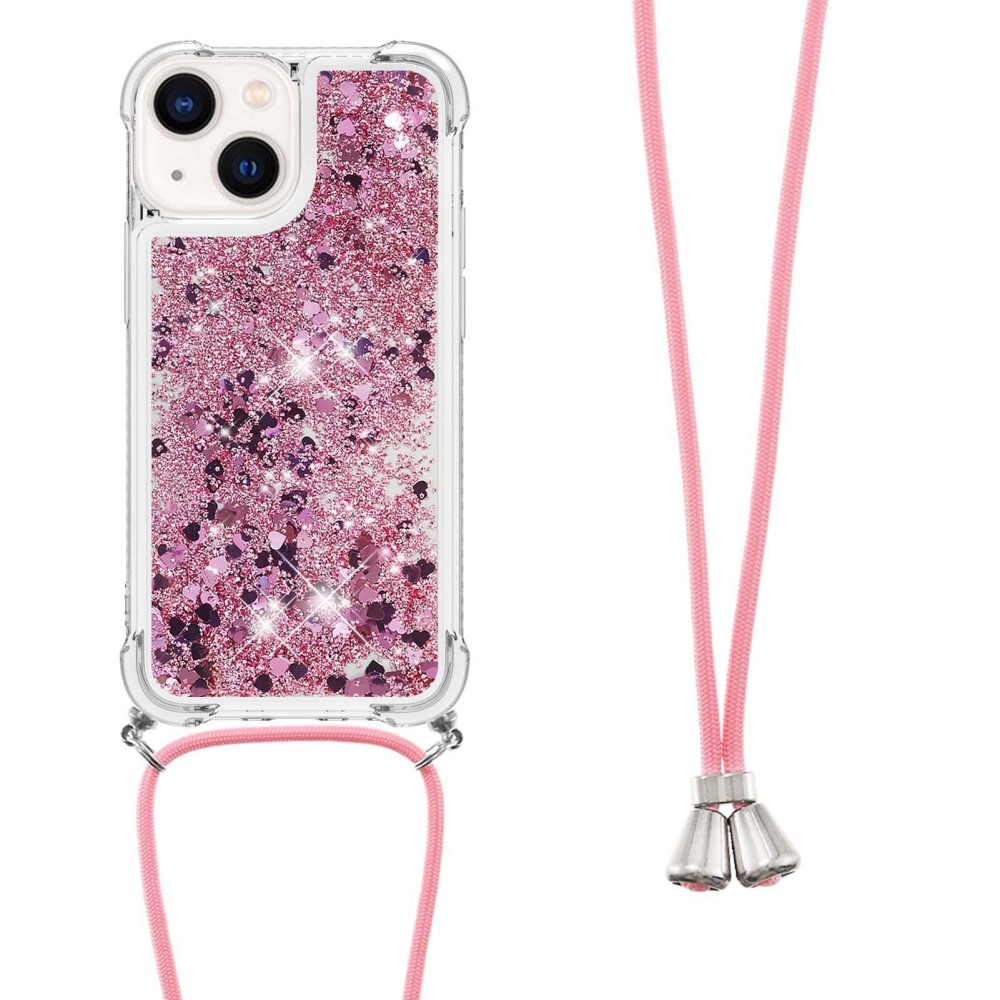 iPhone 14 Necklace Gummi Hülle Liquid Glitzer   Handykette (130cm) - Pink / Roségold
