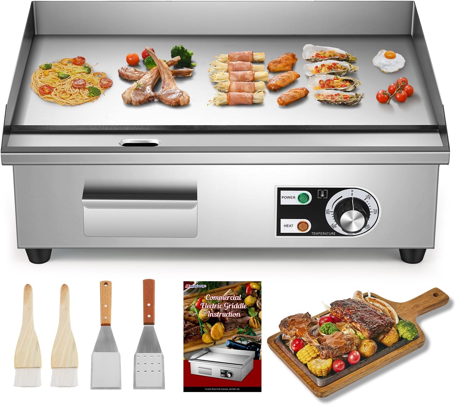 Moongiantgo 22' Kommerzielle Elektrische Grillplatte 3000W, Edelstahl Flachgrill mit abnehmbarer Ölbox & einstellbarer Temperatur (0-300℃), Anti-Haft Teppanyaki Grill für Restaurants, Küchen (22'')