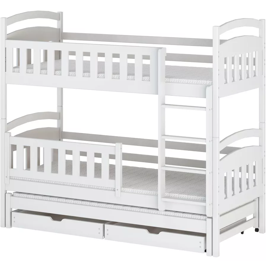 Kids Collective Hochbett 90x200 mit Ausziehbett Etagenbett mit Ausziehfunktion, 2 Schubladen weiß mit 3 Matratzen