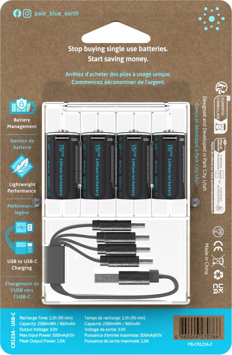(4er Set) Earth USB C Wiederaufladbare 3.0 Volt 860mAh Li-Ion CR123A Akku Batterie (PB-CR123A-C)