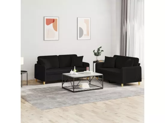 Ensemble de canapés 2 pcs avec coussins noir tissu