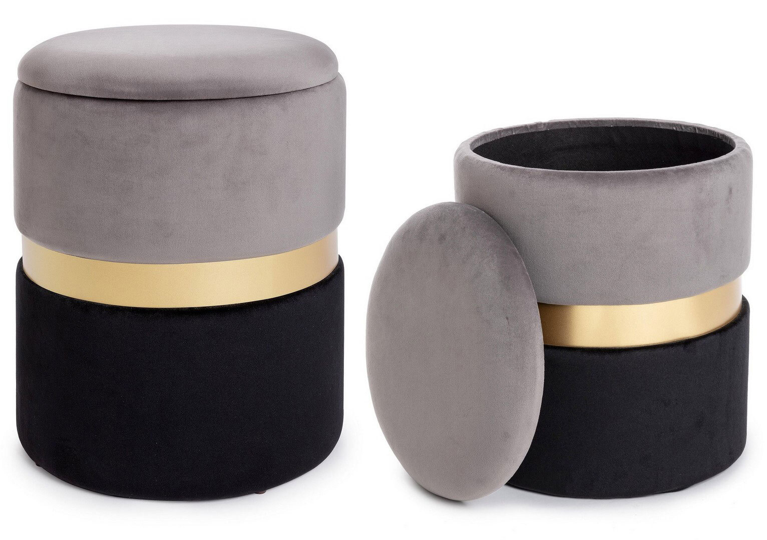 Pouf POLINA 2er Set grau/ goldfarbig/ schwarz