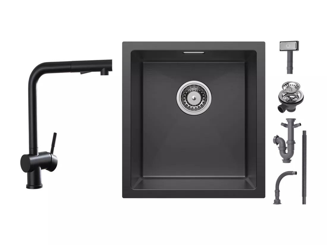 Cecipa max Évier Inox Encastré 40*44cm Évier de Cuisine 1 Bac Noir+Robinets Cuisine avec Douchette Extractible,Mitigeur d'évier 2 Modes de Pulvérisat