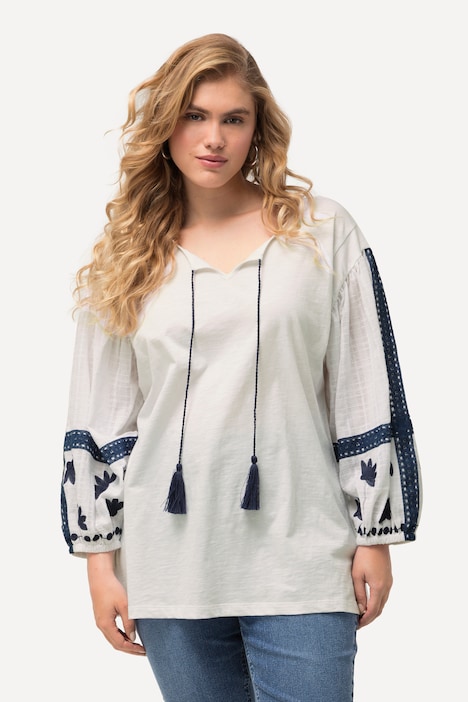 Bluse, Stickerei, Tunika-Ausschnitt , Langarm