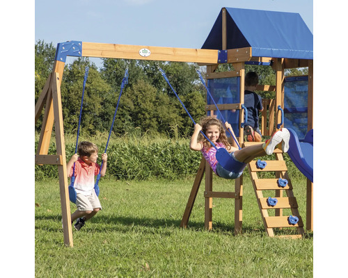 Speelhuis/Toren Achtertuin DISCOVERY 270 x 310 cm Hout Bruin, Blauw bestaande uit basistoren, schommel, glijbaan