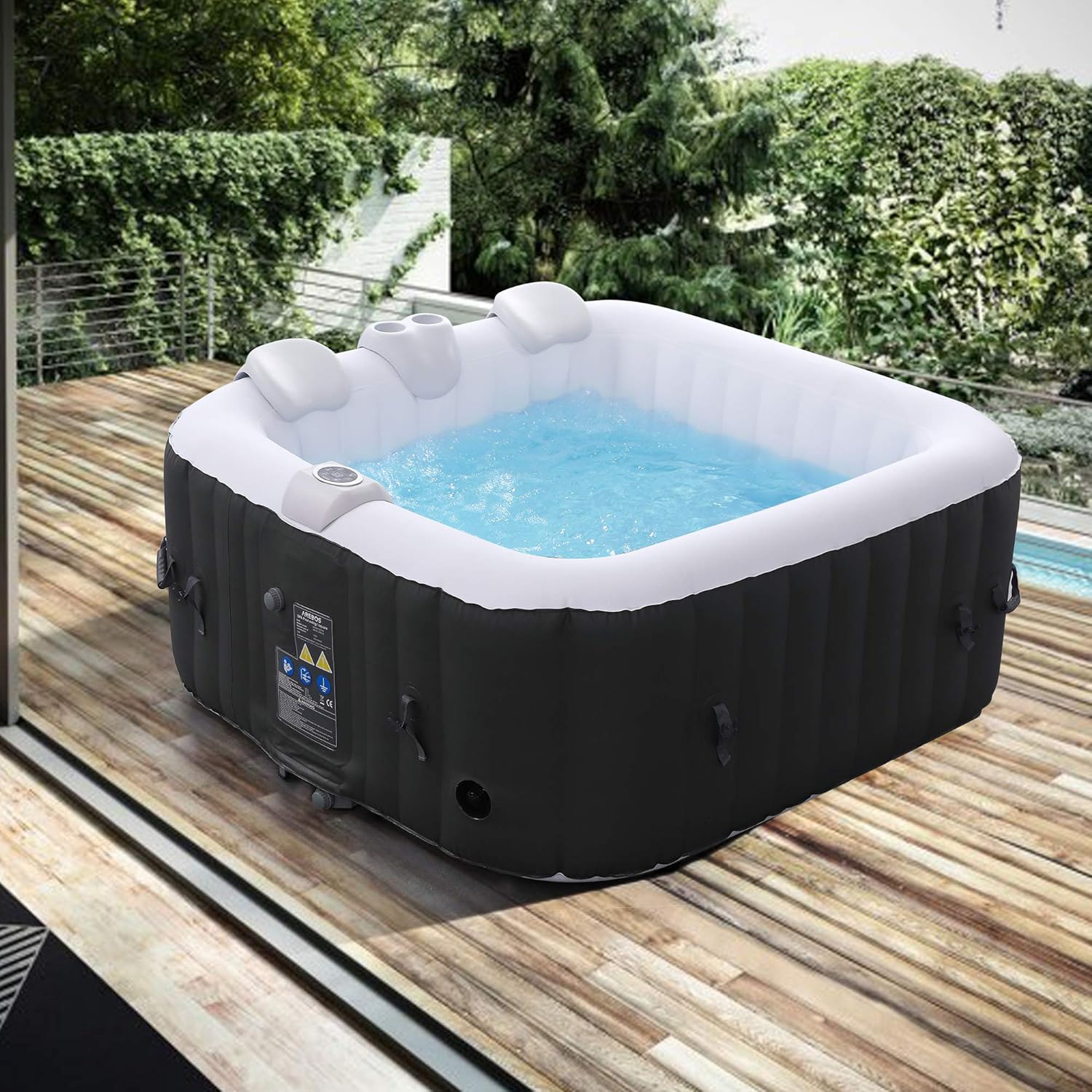 Arebos Aufblasbarer Spa Pool | für drinnen und draußen | Whirlpool 4 Personen | 154x154cm | 100 Massagedüsen | Wellness Spa Heizung | Aufblasbare Massage Quadrat | 600 Liter