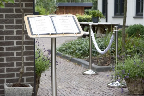 Securit® MENU STAND i rustfrit stål og teak