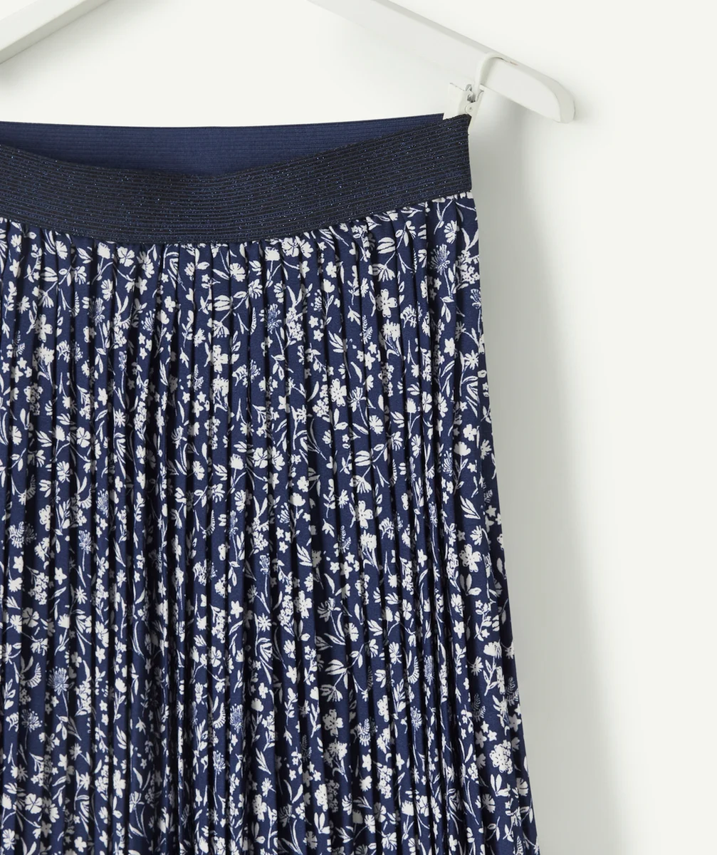 JUPE PLISSÉE MI-LONGUE FILLE EN FIBRES RECYCLÉES MARINE IMPRIMÉ FLEURI