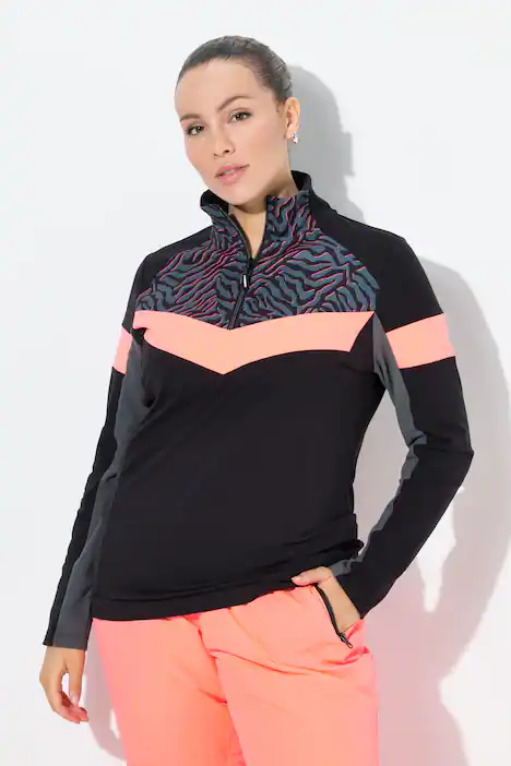 Funktions-Troyershirt, Slim, Stehkragen, Langarm, recycelt, schwarz