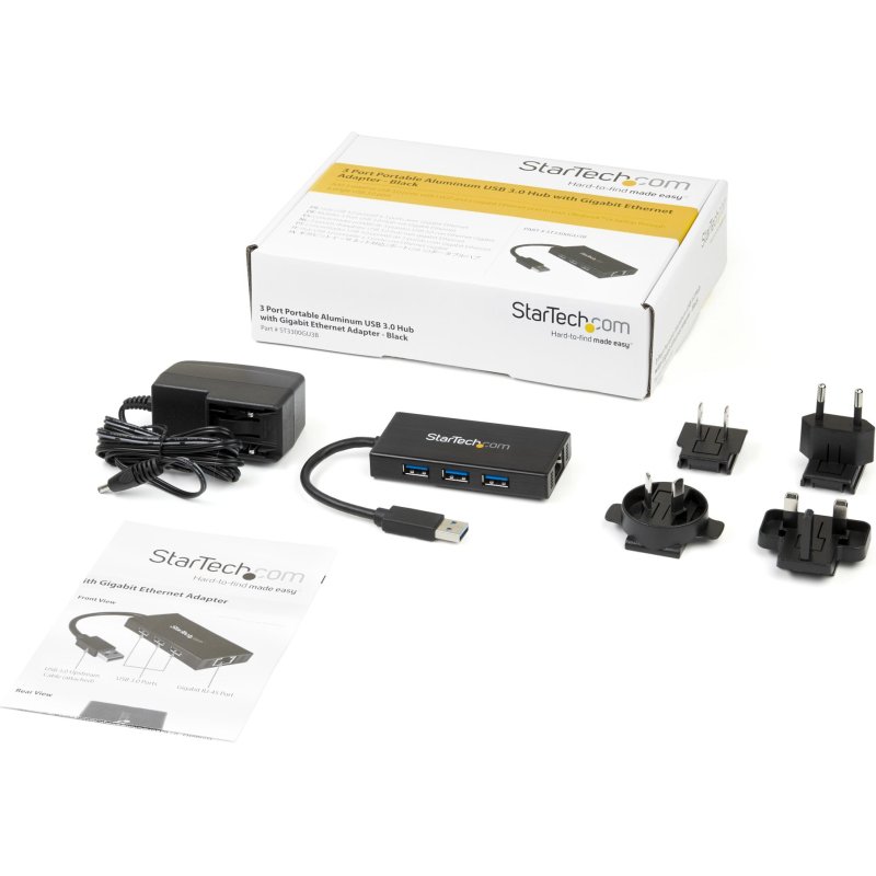 StarTech.com Hub USB 3.0 (5Gbps) portable à 3 ports avec câble intégré plus Gigabit Ethernet - Aluminium
