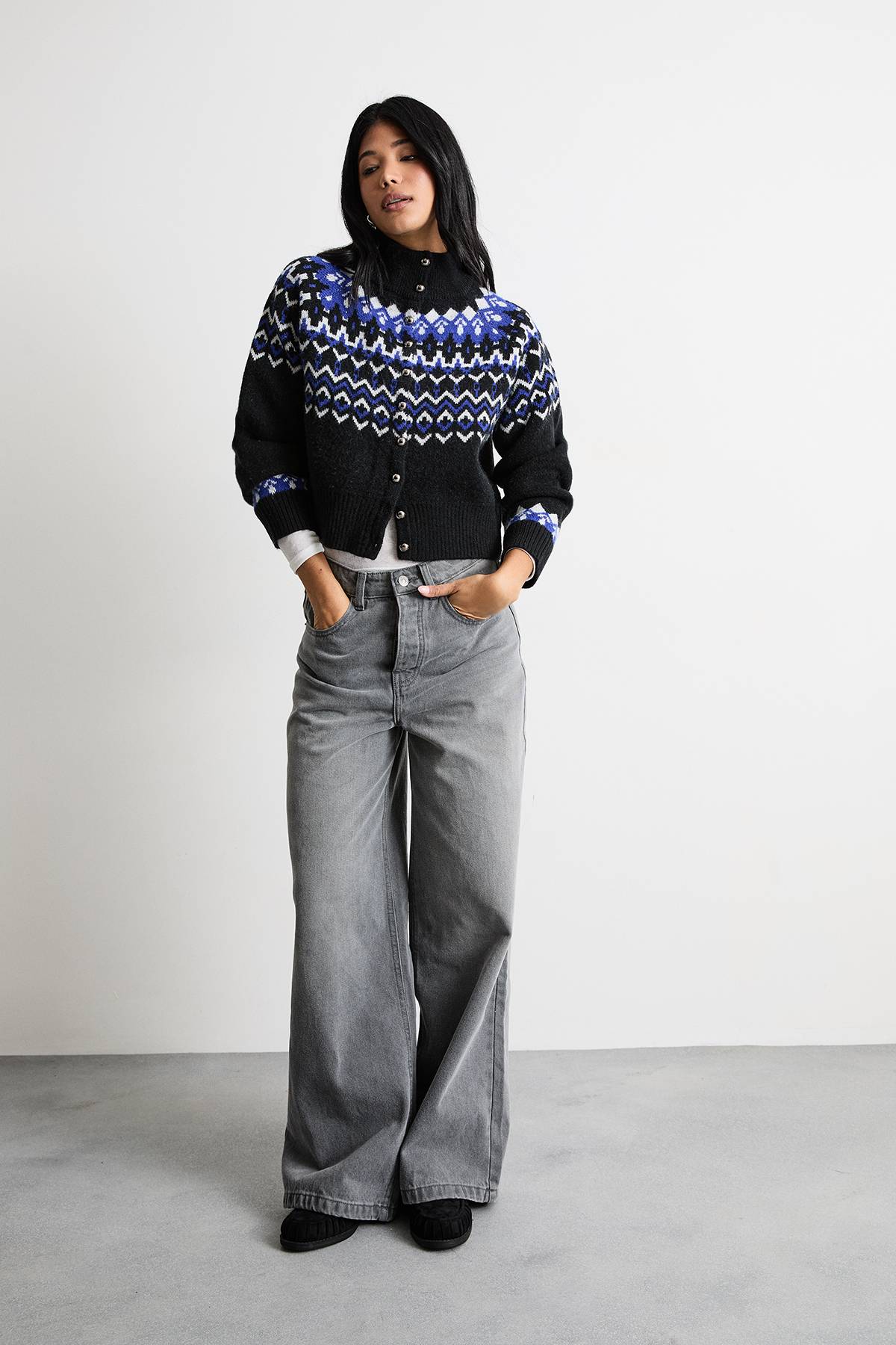 Warehouse Cardigan en Maille Épaisse à Col Montant Motif Fairisle