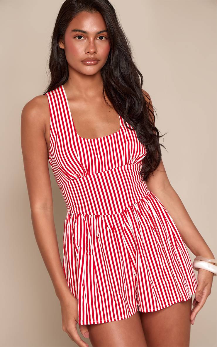 Gris Combi-short Jupe-culotte Évasée À Rayures Rouges