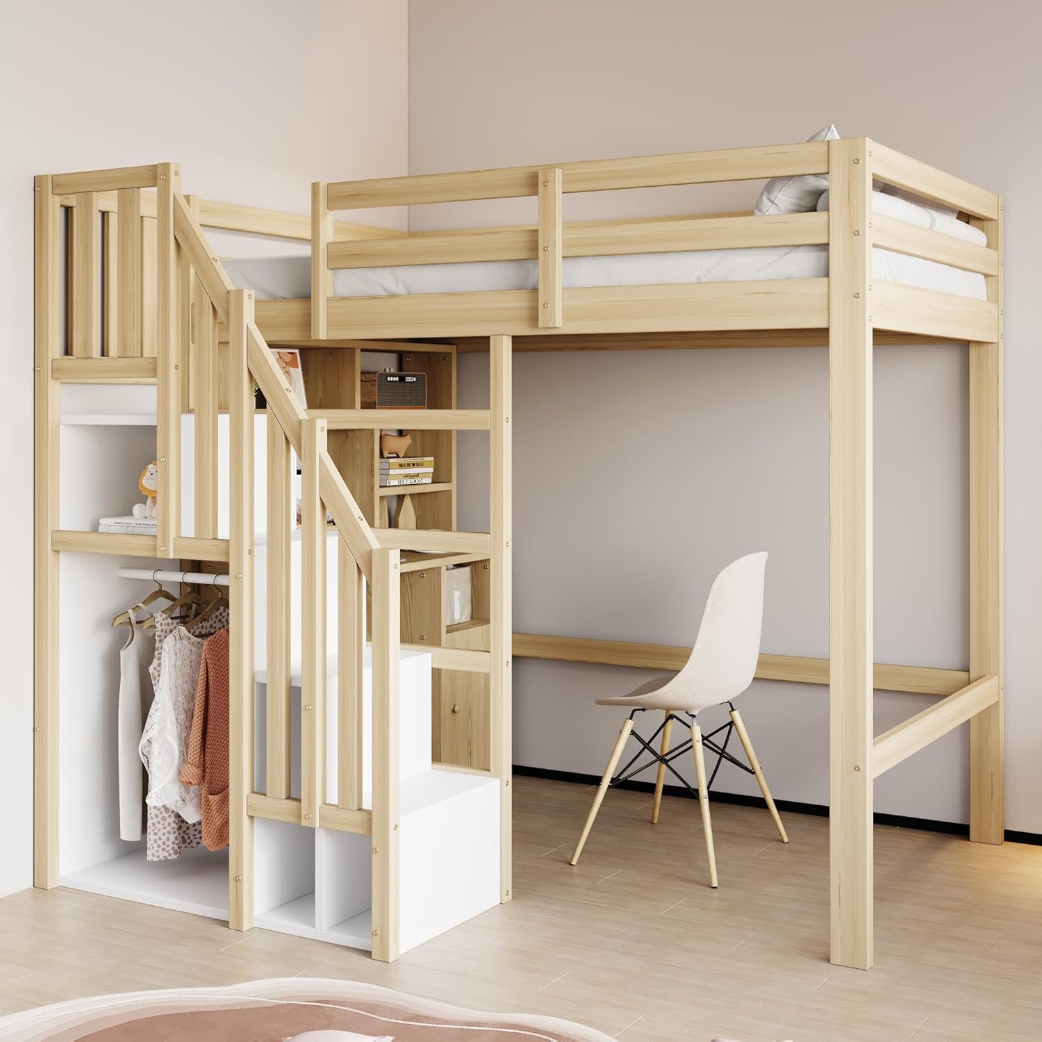 Merax Hochbett 90x200 cm, Massivholzrahmen, mit Arbeitstisch, Regalen & Schränken, sicherer Stauraum-Treppe, platzsparendes Jugendbett/Kinderbett, Holzfarbe (ohne Matratze)
