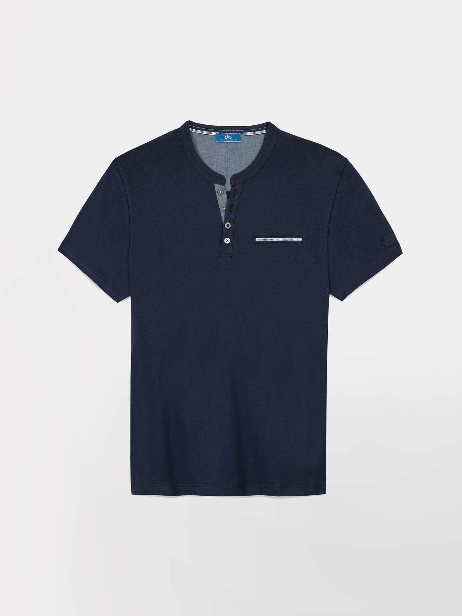 Tee Shirt Homme Col Tunisien Marine