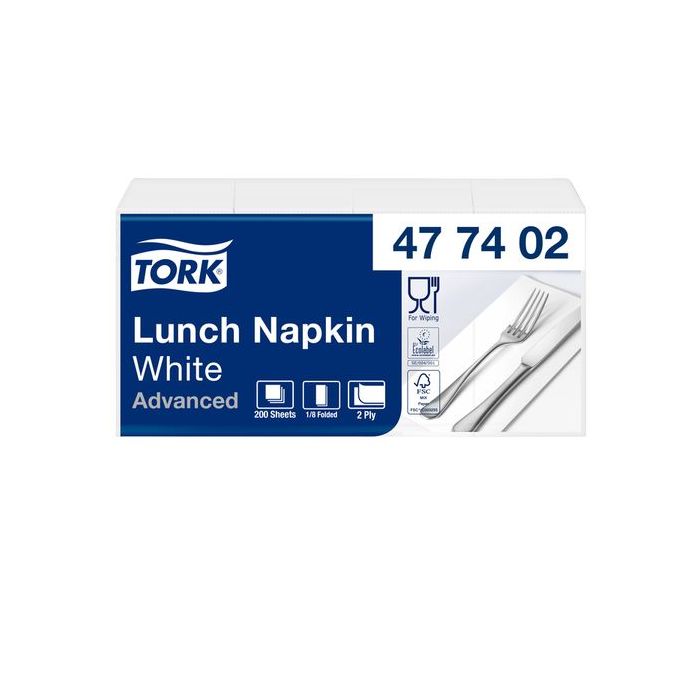 Tork 477402.1 200st lunch Servetten wit 33x33cm 2laags 200 stuks 1/8 vouw (8710499044233)