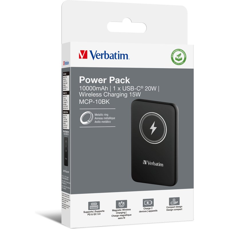 Verbatim Charge 'n' Go Lithium Polymère (LiPo) 10000 mAh Recharge sans fil Noir