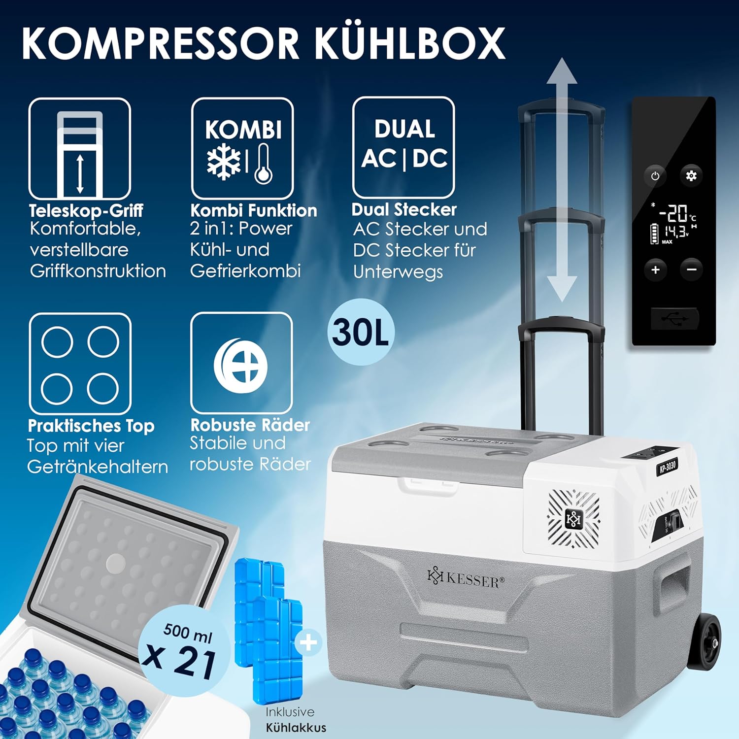 KESSER® Kompressor Kühlbox elektrisch Gefrierbox, 30 Liter Mit APP-Steuerung USB-Anschluss 12/24 V 230V, +Teleskopstange, 2x Kühlakkus Räder Kühlschrank Kühlung bis -20 °C für Auto, Lkw, Boot
