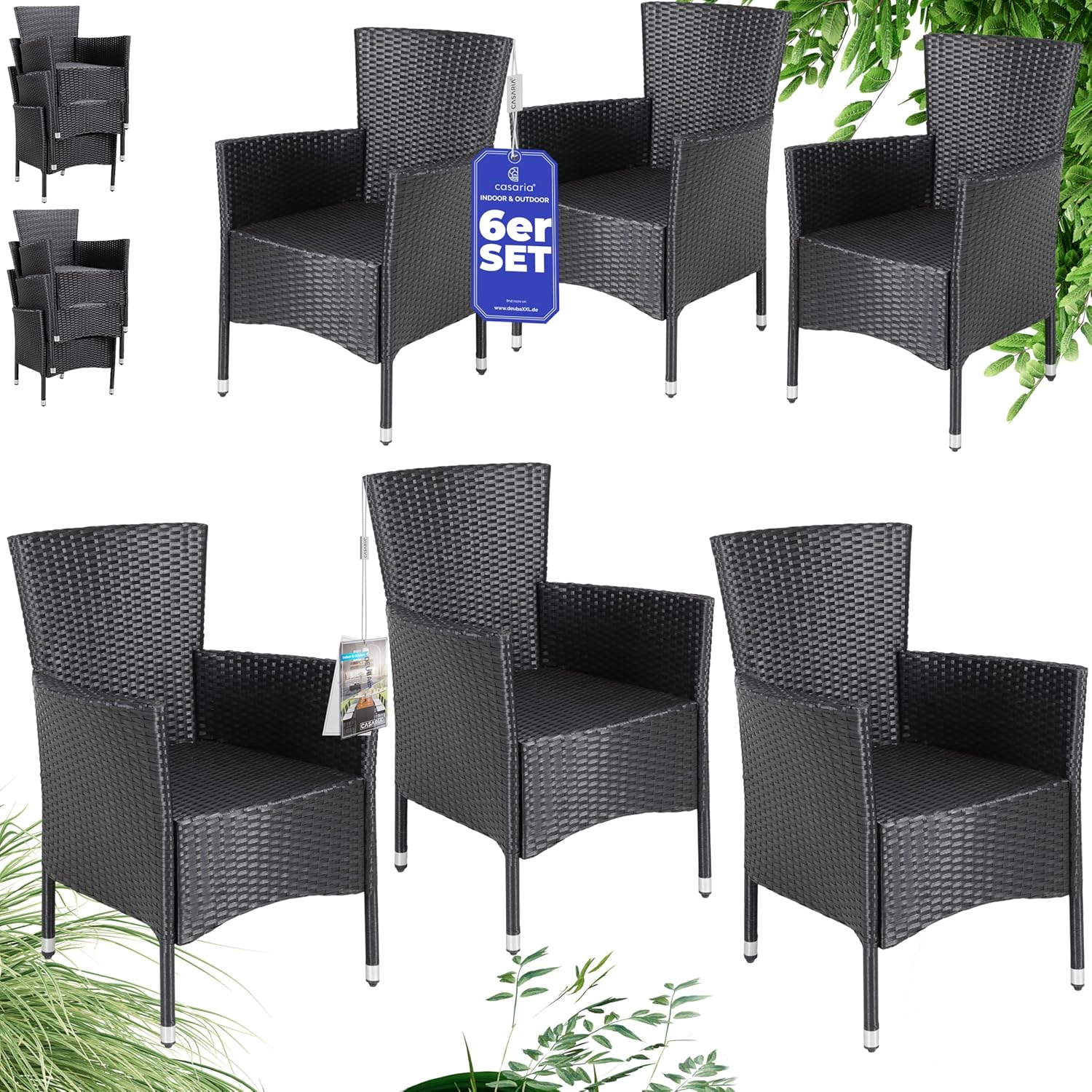 Casaria® Gartenstühle 6er Set Stapelbar Polyrattan Wetterfest Gartenstuhl Outdoor Verstellbar 160kg Belastbarkeit Garten Terrasse Balkon Sessel Stuhl