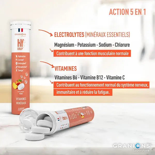 GRANIONS HYDROP Electrolytes - Vitamine C, Magnesium, Minéraux - Pêche