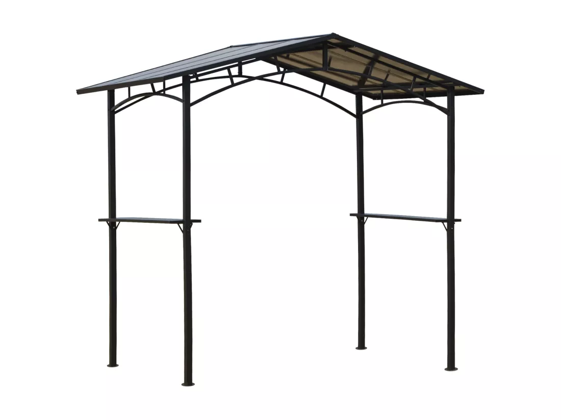 Pavillon jardin - abri barbecue - steakhouse 2 étagères - toit de barbecue - dim. 2,46L x 1,49l x 2,30H m - alu. métal noir toit polycarbonate