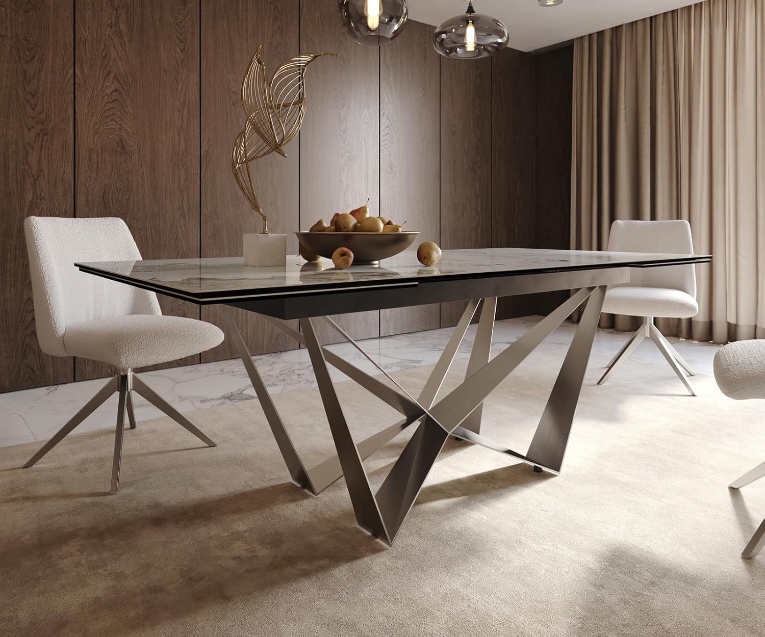 DELIFE Esszimmertisch Edge Keramik Minas Melange Weiß-Beige 200-300x100 Spider Flachstahl Edelstahl ausziehbar
