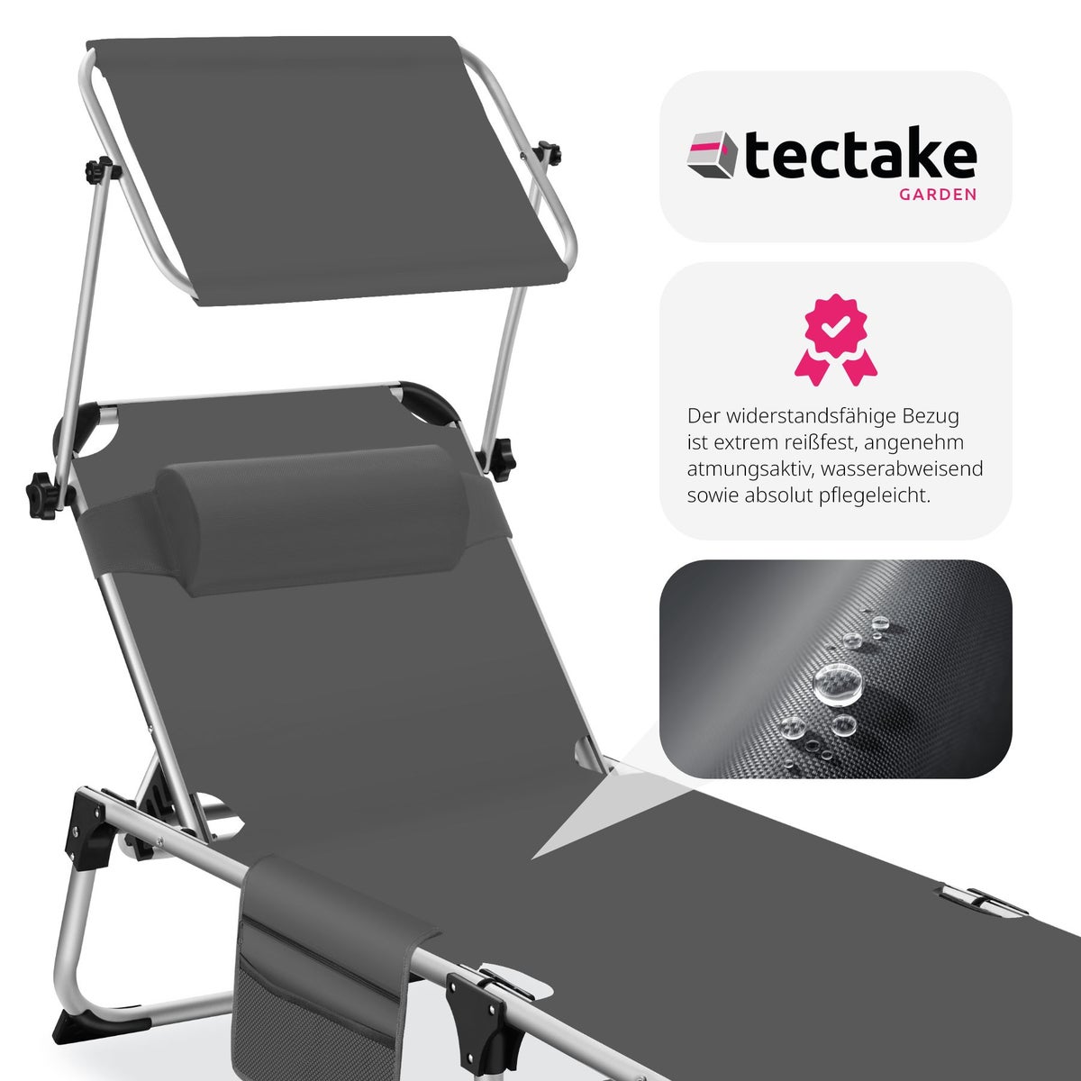 tectake Aurelie opvouwbare zonnestoel met hoofdsteun, 218 x 60 x 33,5 cm, inclusief zijvak