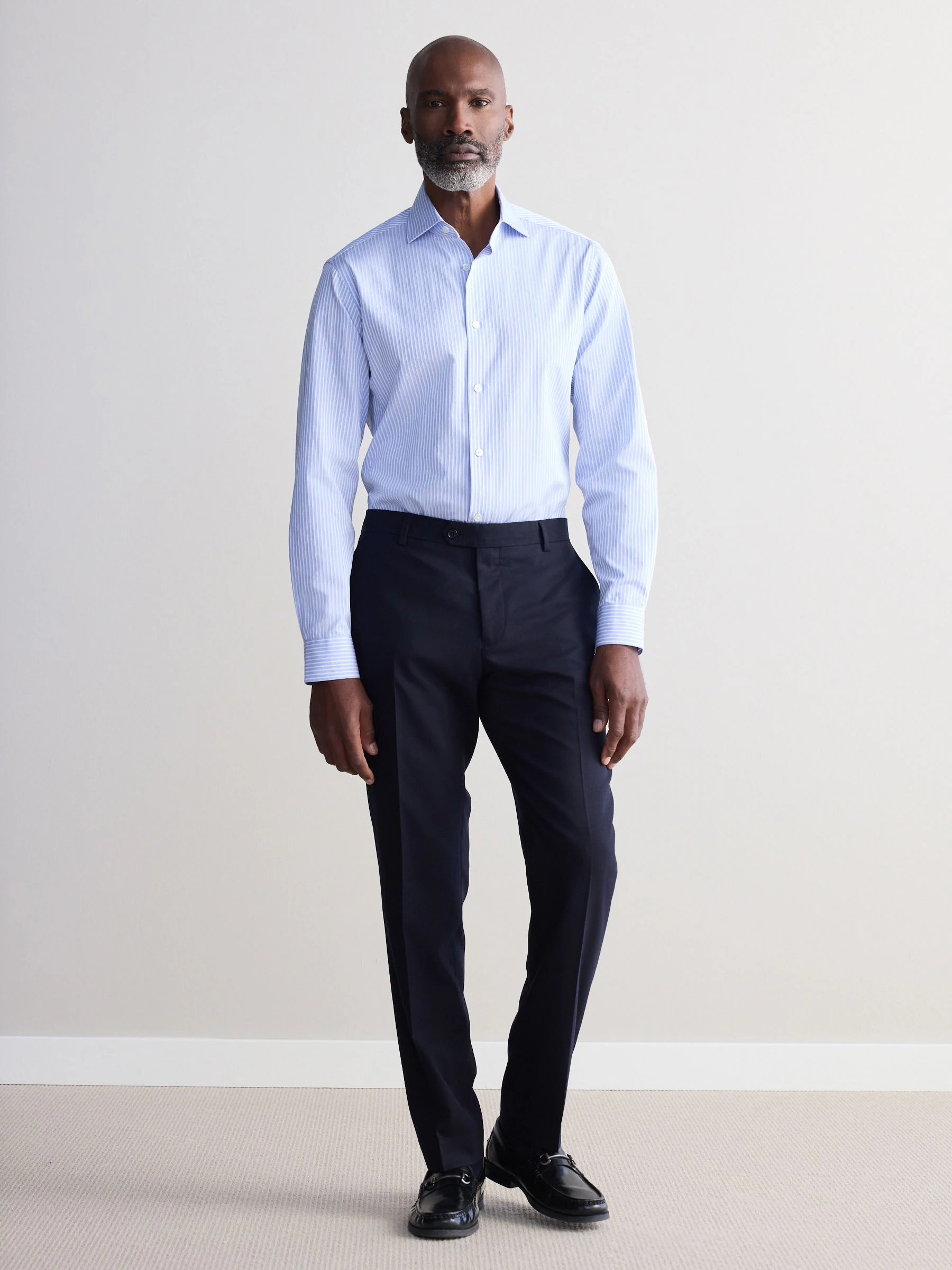 Blauw gestreept - Slim Fit Signature Single Cuff Texture Pima Cotton Shirt With Cutaway Collar
