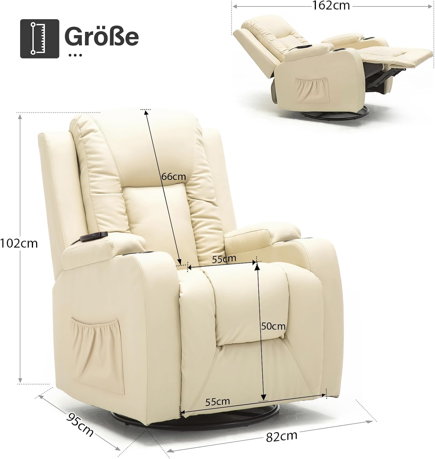COMHOMA Relaxsessel Fernsehsessel mit Verstellbarer Rückenlehne und Fußstütze, 360° drehbarer Loungesessel aus PU-Leder mit Getränkehaltern und Seitentaschen,ergonomische Ganzkörperunterstützung,Weiß