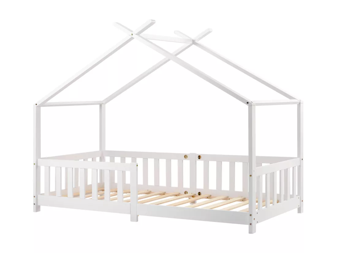 Lit cabane pour enfant, bois massif avec clôture et sommier à lattes, pour chambres d'enfants, blanc (200x90cm)