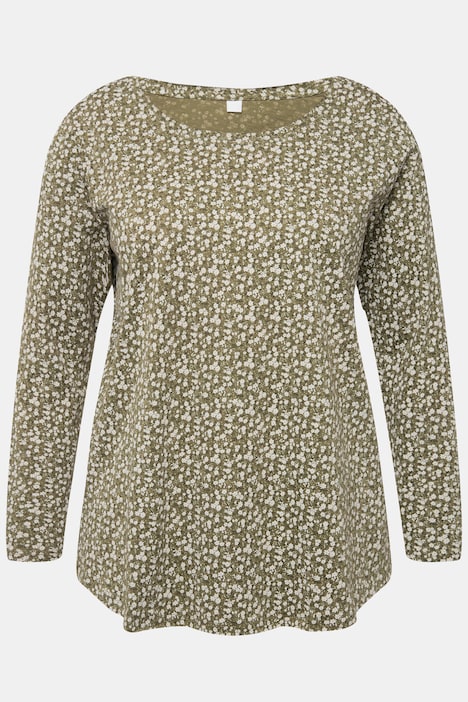 T-Shirt, A-Line, Blütenmuster, Rundhals, Langarm, offenkantige Abschlüsse
