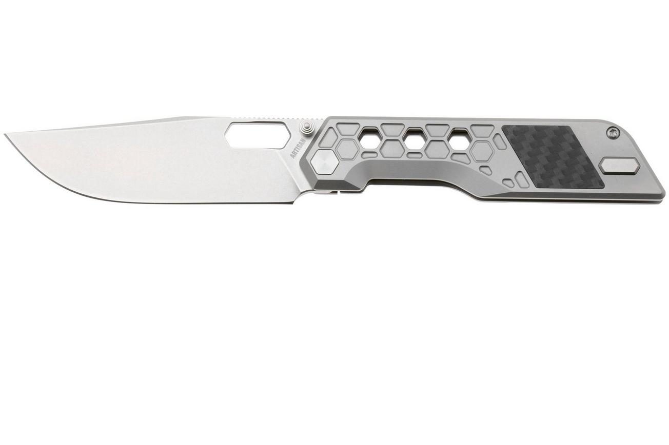 Artisan Cutlery Beest 1878G-GY, Stonewashed CPM S35VN, Grey Titanium, Black Carbon Fiber Inlay zakmes