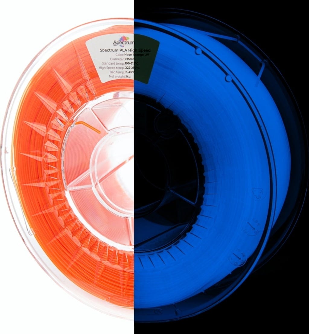 Spectrum  Premium PLA High Speed Neon Orange UV, 1,75 mm / 1000 g    UV-reaktives PLA Material speziell für den Hochgeschwindigkeitsdruck