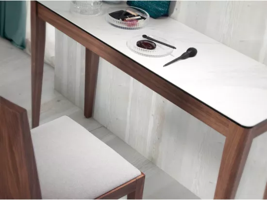 Console bois noyer et plateau en marbre céramique blanc Mykal