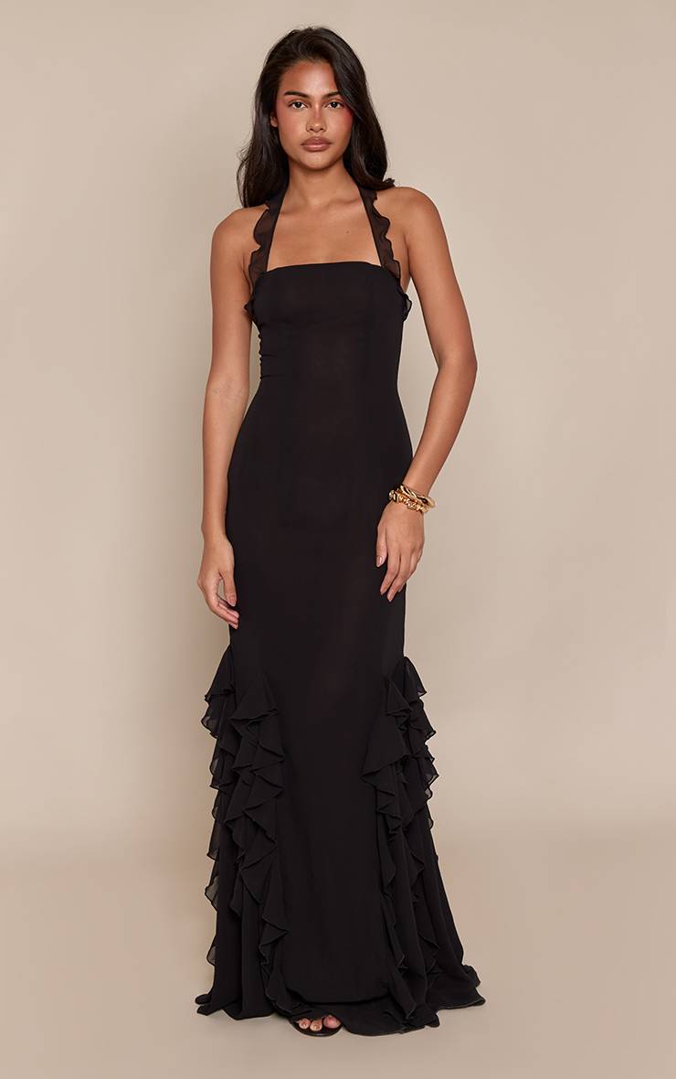 Noir Robe Longue Dos Nu À Volants En Mousseline Avec Col Licou