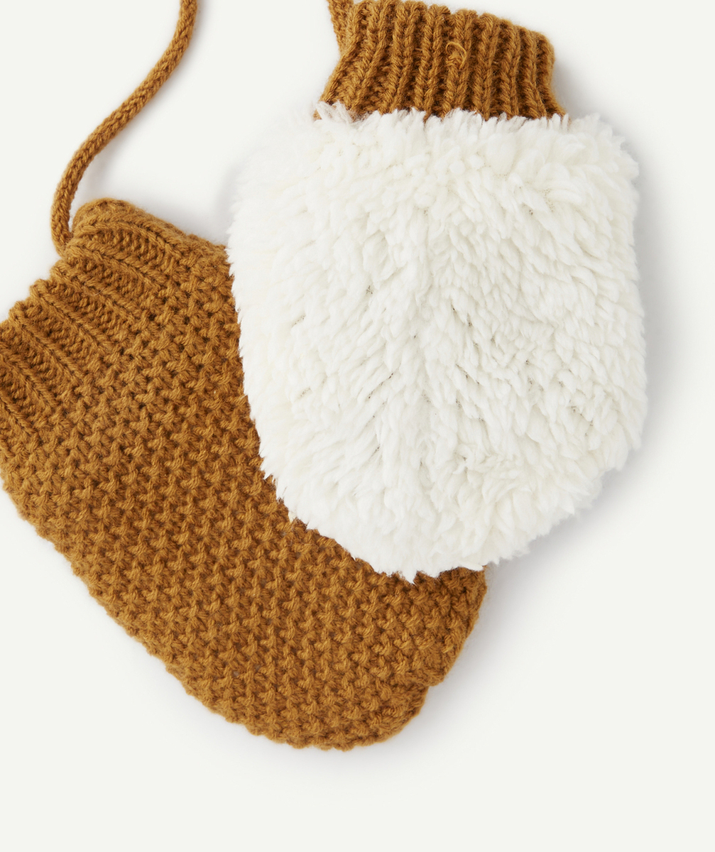 MOUFLES BÉBÉ GARÇON EN FIBRES RECYCLÉES ET TRICOT AJOURÉ MARRON