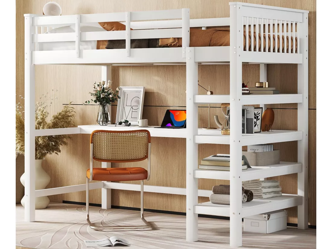 Lit mezzanine 90x200cm en bois - avec bureau et étagère de rangement - Blanc