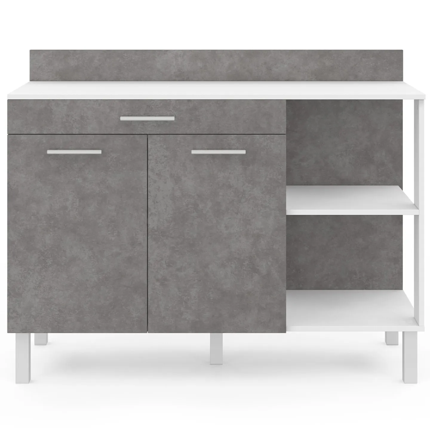 Buffet bas de cuisine 120 cm CINA plan de travail H.83 cm 2 portes + tiroir blanc et effet béton