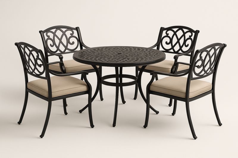 Gartenmöbelset aus Aluminium mit Rundtisch und 4 Stühlen in Bronze/Beige
