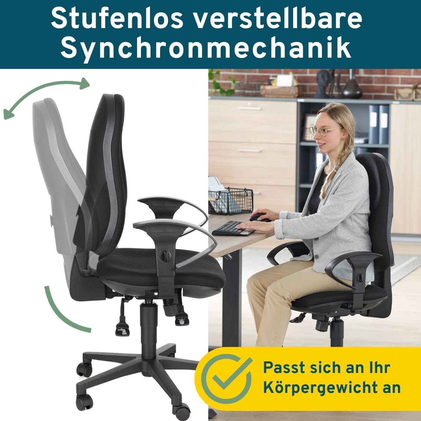 SCHÄFER SHOP Bürostuhl mit Armlehnen, Arbeitsstuhl, ergonomischer Schreibtischstuhl, schwarz, Drehstuhl mit Rollen, Office/Desk/Gaming Chair, 110 kg belastbar, fürs Arbeitszimmer, Homeoffice