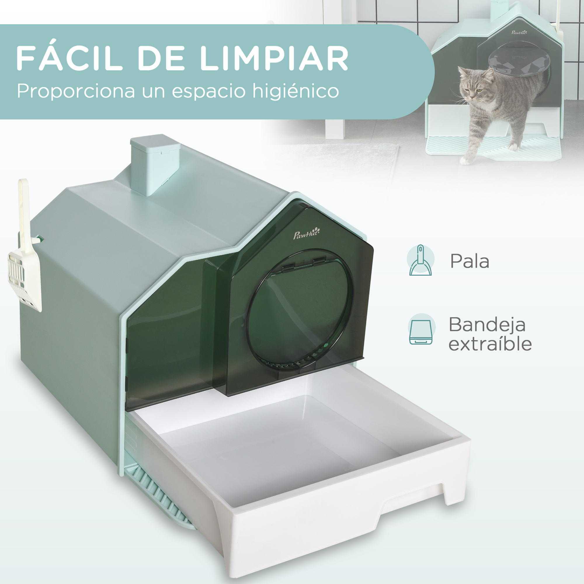 Caixa de areia fechada PawHut para gatos, com bandeja removível, pá, pedal para uso externo e filtro desodorizante, 47x45x42 cm, azul.