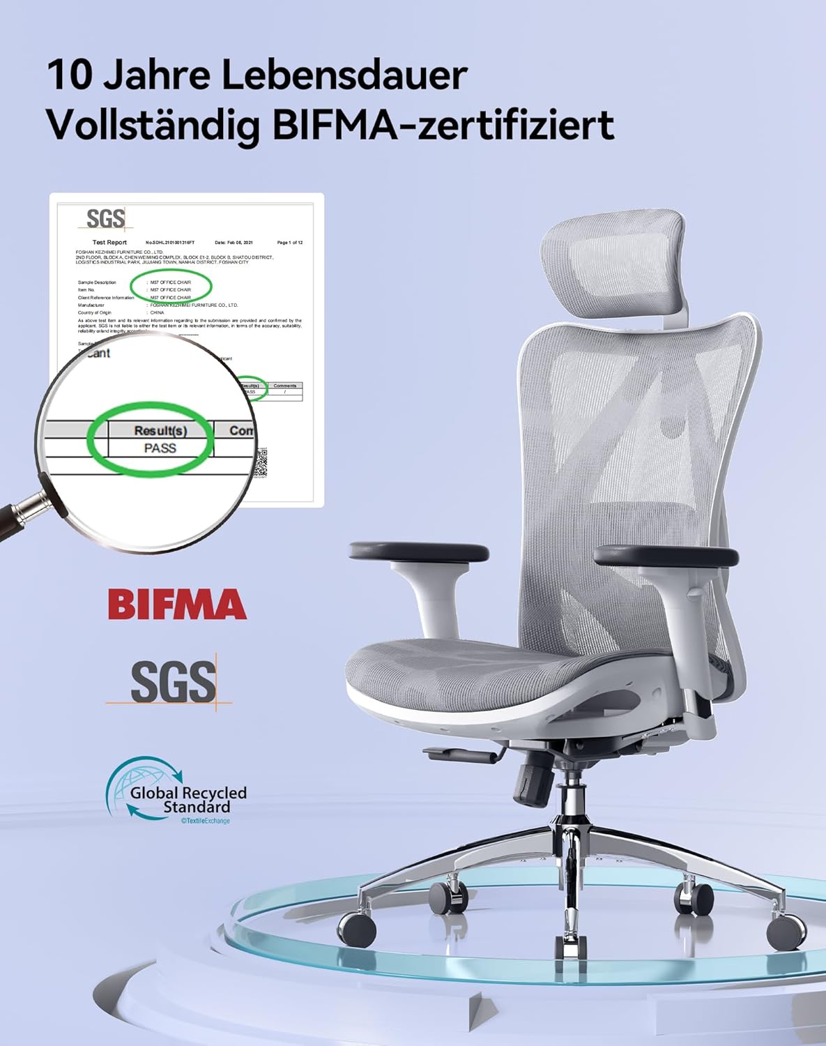 SIHOO M57 Ergonomischer Bürostuhl mit 3-Wege-Armlehnen, Lendenwirbelstütze und Verstellbarer Kopfstütze Hohe Rückenlehne Neigungsfunktion IL0171674
