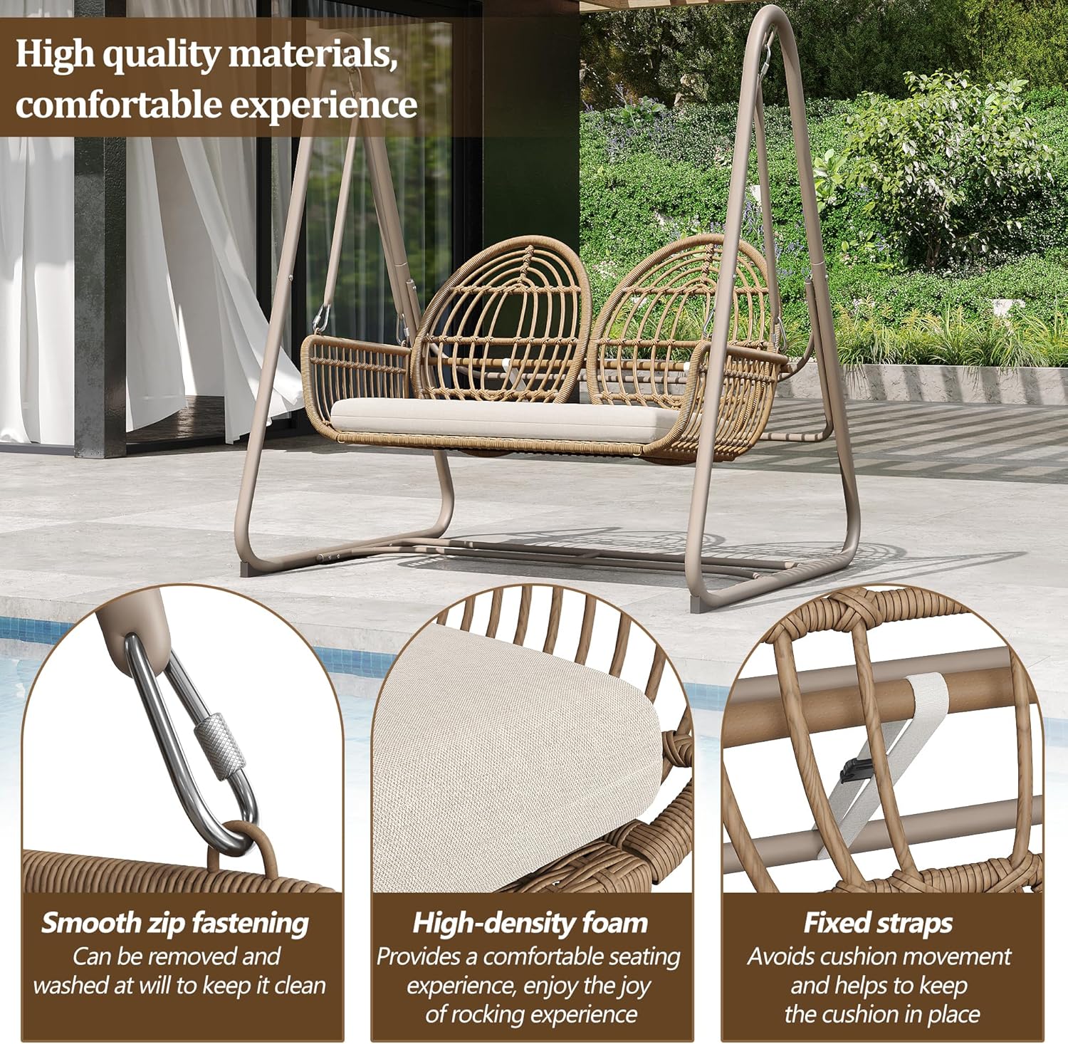 Gartenschaukel, Hollywoodschaukel mit Rückenlehne, Gartenmöbel-Set für den Außenbereich,Doppelschaukel aus PE-Rattan, 2 Sitze, Brauner Sitzrahmen und beiges Kissen