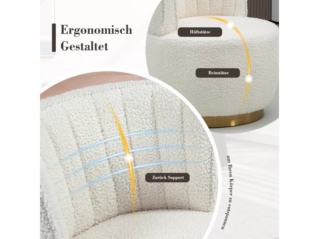 Fauteuil pivotant ronde en tissu bouclette blanc - dossier ergonomique - max 150kg - 62.5x62.5x69.5cm