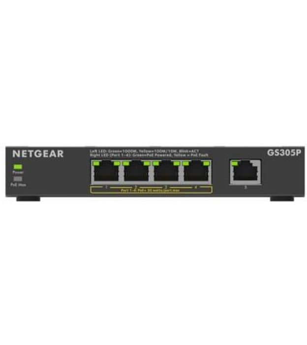 Netgear PoE Switch GS305Pv3 5 Port, PoE Budget: 63 W Kompakter, lüfterloser 5-Port Gigabit PoE  Switch für kleine Büros, IP-Kameras und VoIP-Telefone