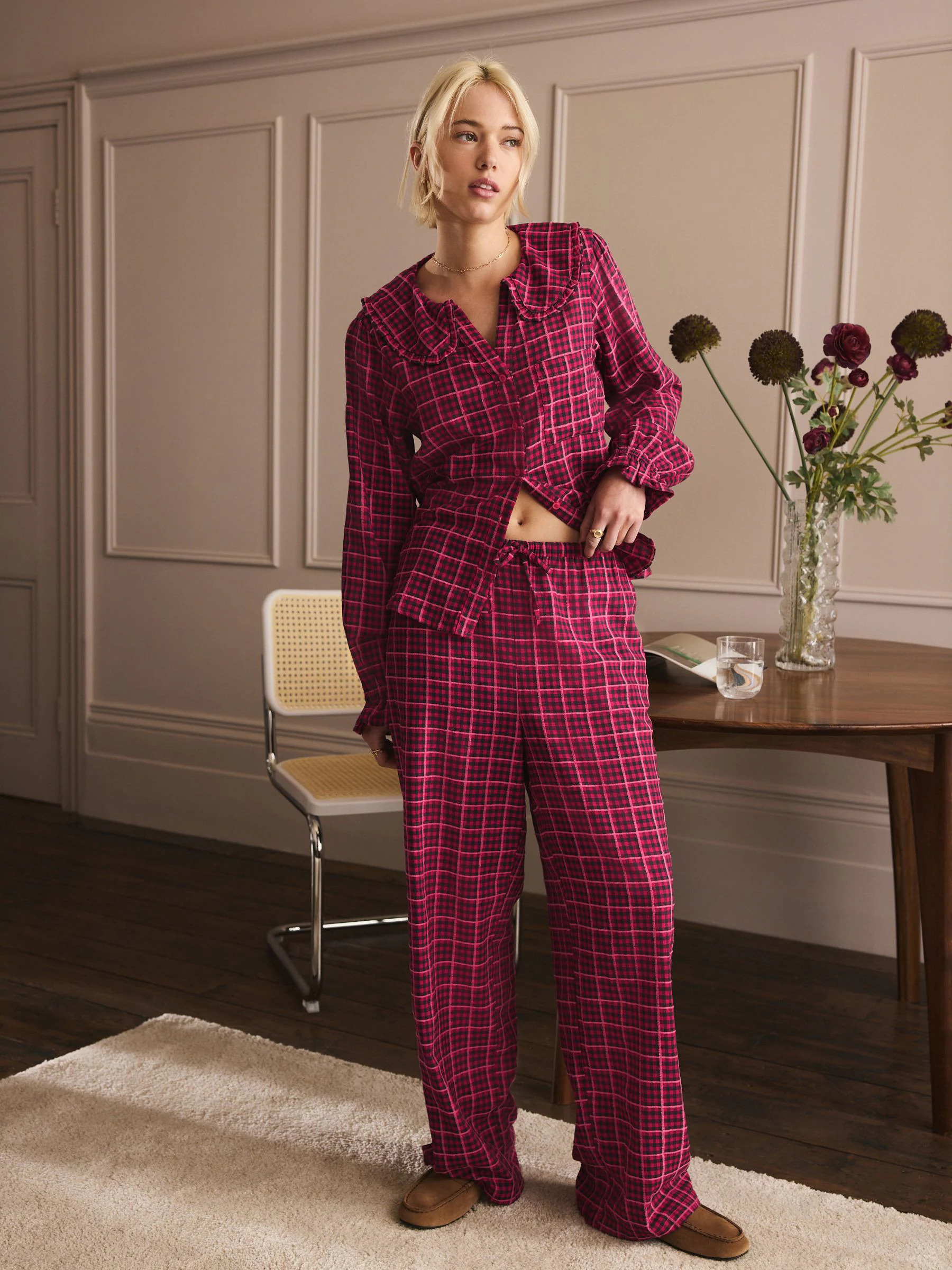 Roze gingham - Flannelen pyjama met knopen