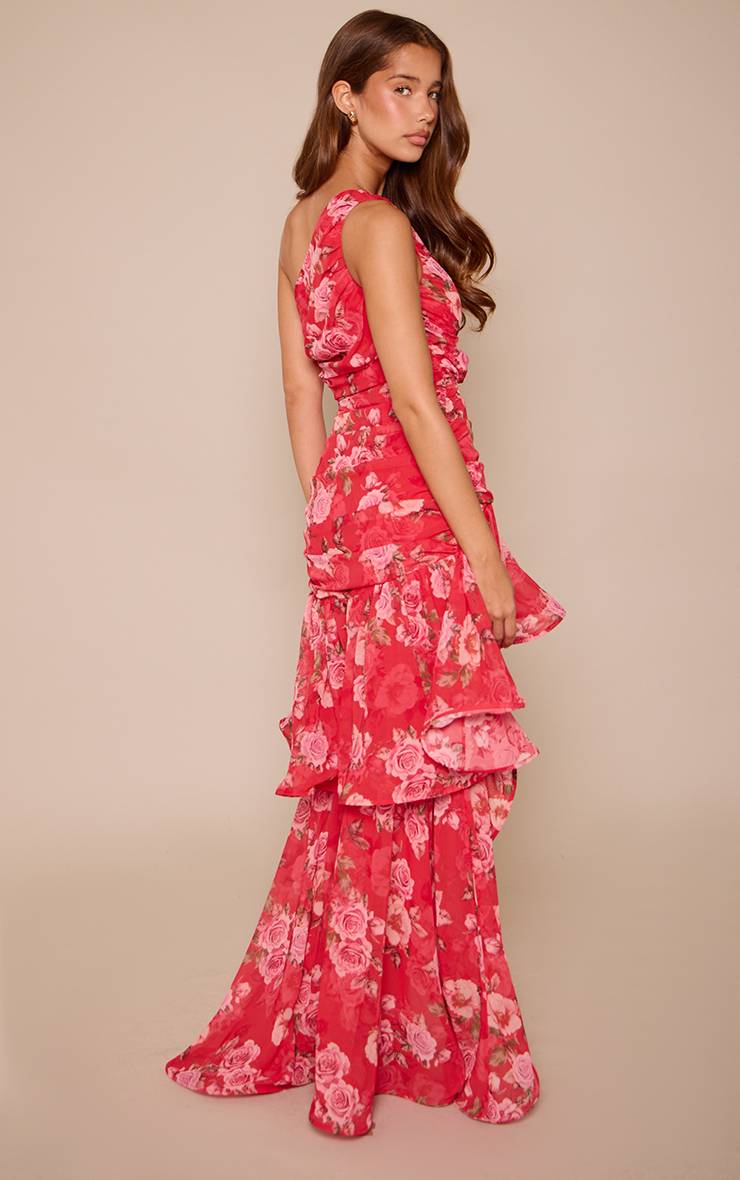 Rouge Robe Longue À Imprimé Floral Avec Une Épaule Dénudée