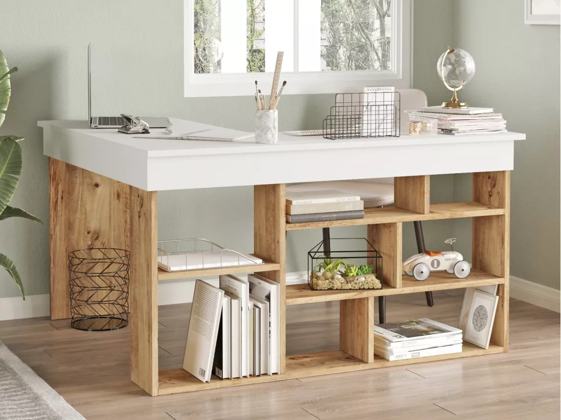 Bureau d'angle avec rangements - Coloris : Blanc et naturel - LILEUL