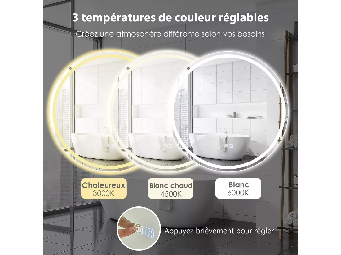 Miroir de Salle de Bain LED, Anti-Buée , ø 60 cm, Miroir Mural Lumineux avec 3 Eclairages Blanc Froid/Neutre/Chaud, Miroir LED Rond avec Interrupteur Tactile et Fonction