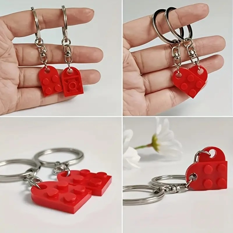 (2er Set) Herz Schlüsselanhänger Couple Klemmbaustein Handtaschen Accessoire mit Spaltring für Liebespaare / Freunde - Weiss