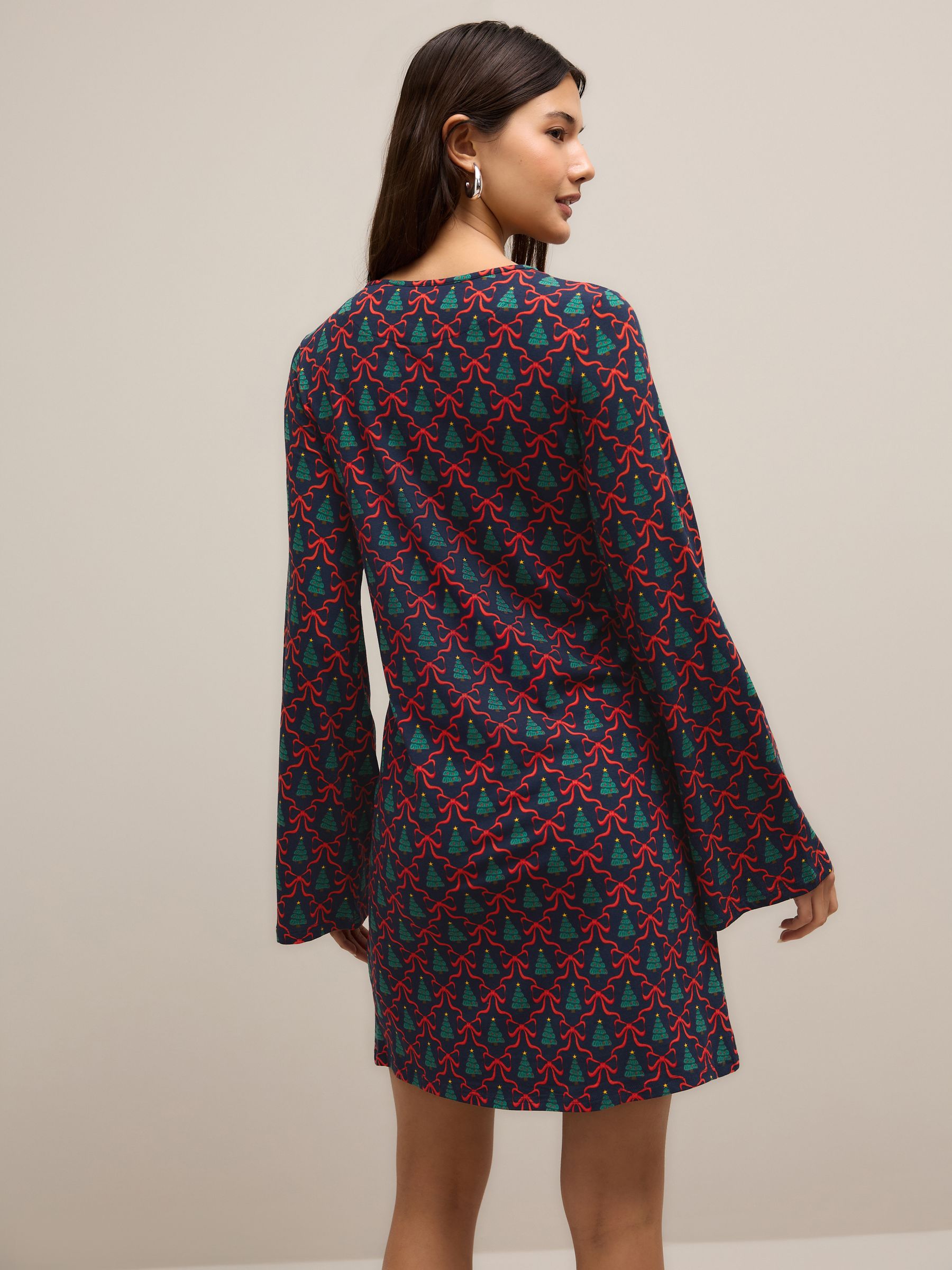 Marineblauw - Kerstmis Strik Print Lange Mouwen Jurk